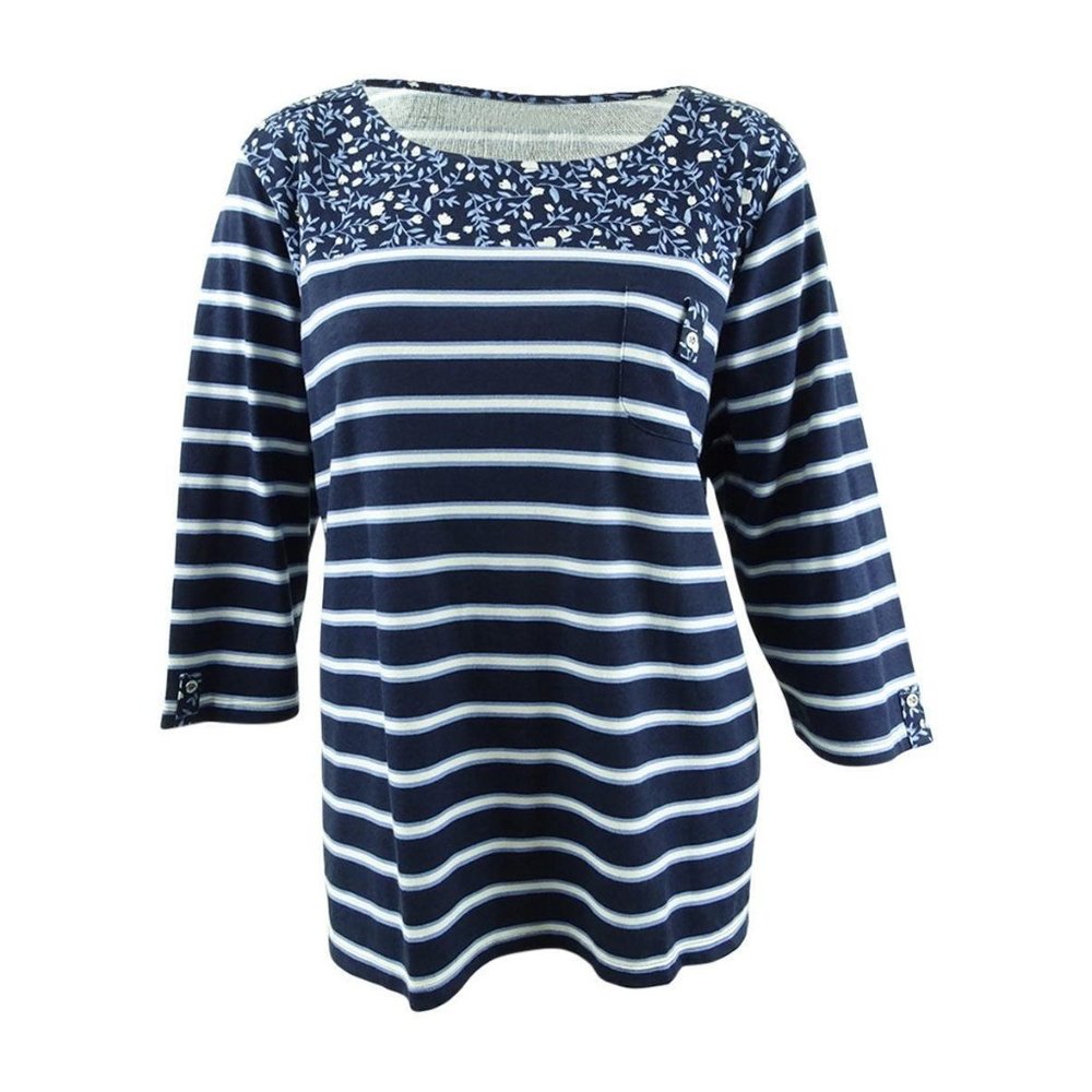 Karen Scott Top Womens Plus Blue Striped 3/4 Sleeve Floral Print Knit T-Shirt